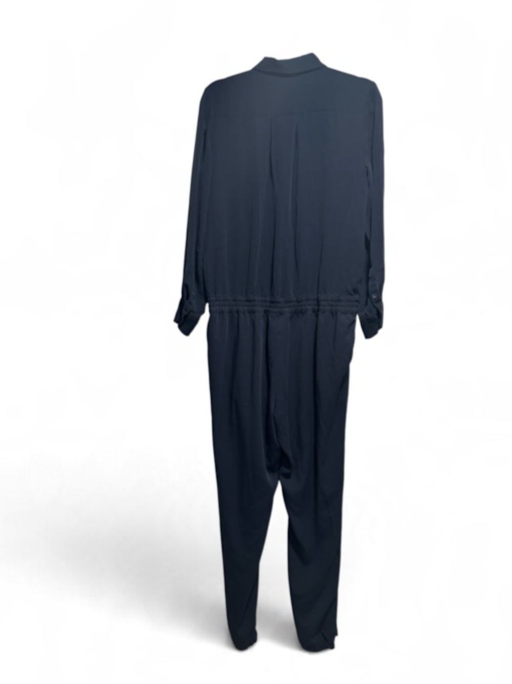 Vince Navy Silky Collared Drawstring Waist Jumpsuit Size 12 Elegant Chic - Picture 3 of 11